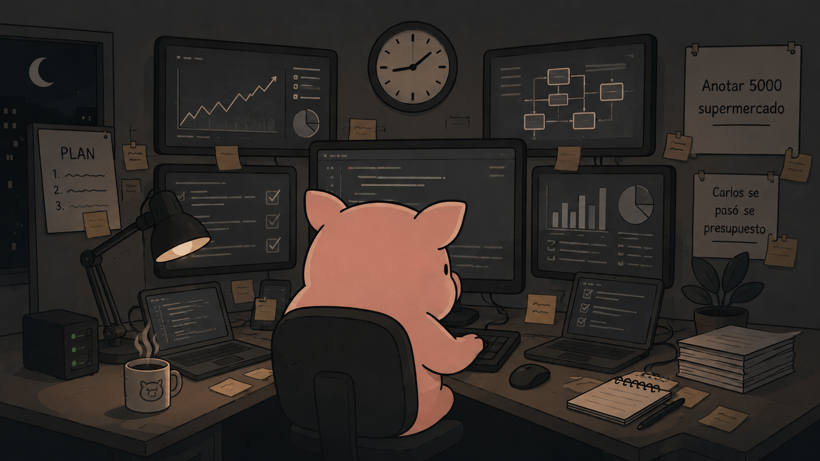 Gastón trabajando de noche entre monitores y notas